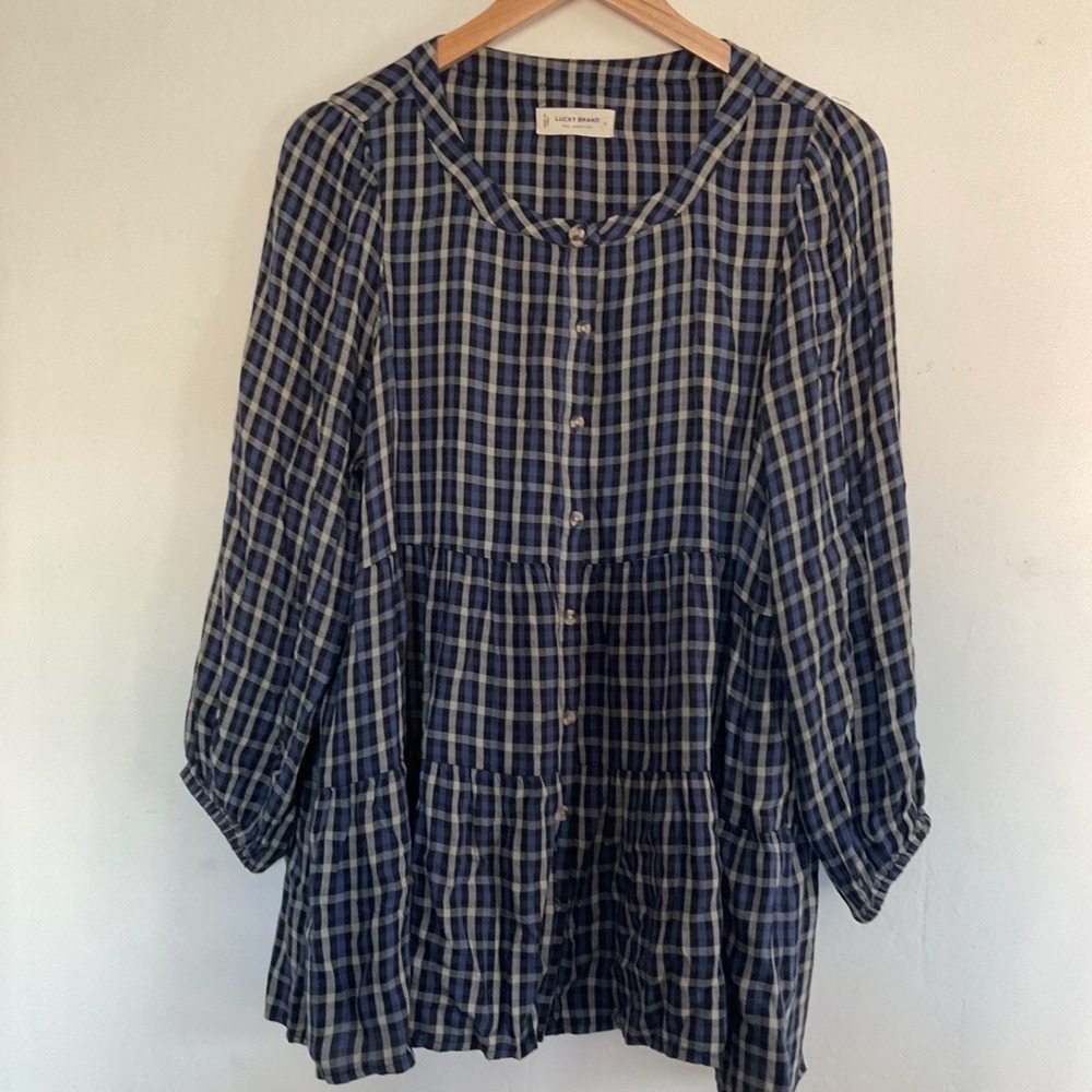 Lucky Brand Button Down Checkered Plaid 3/4 Tiered CottageCore Blue L EUC